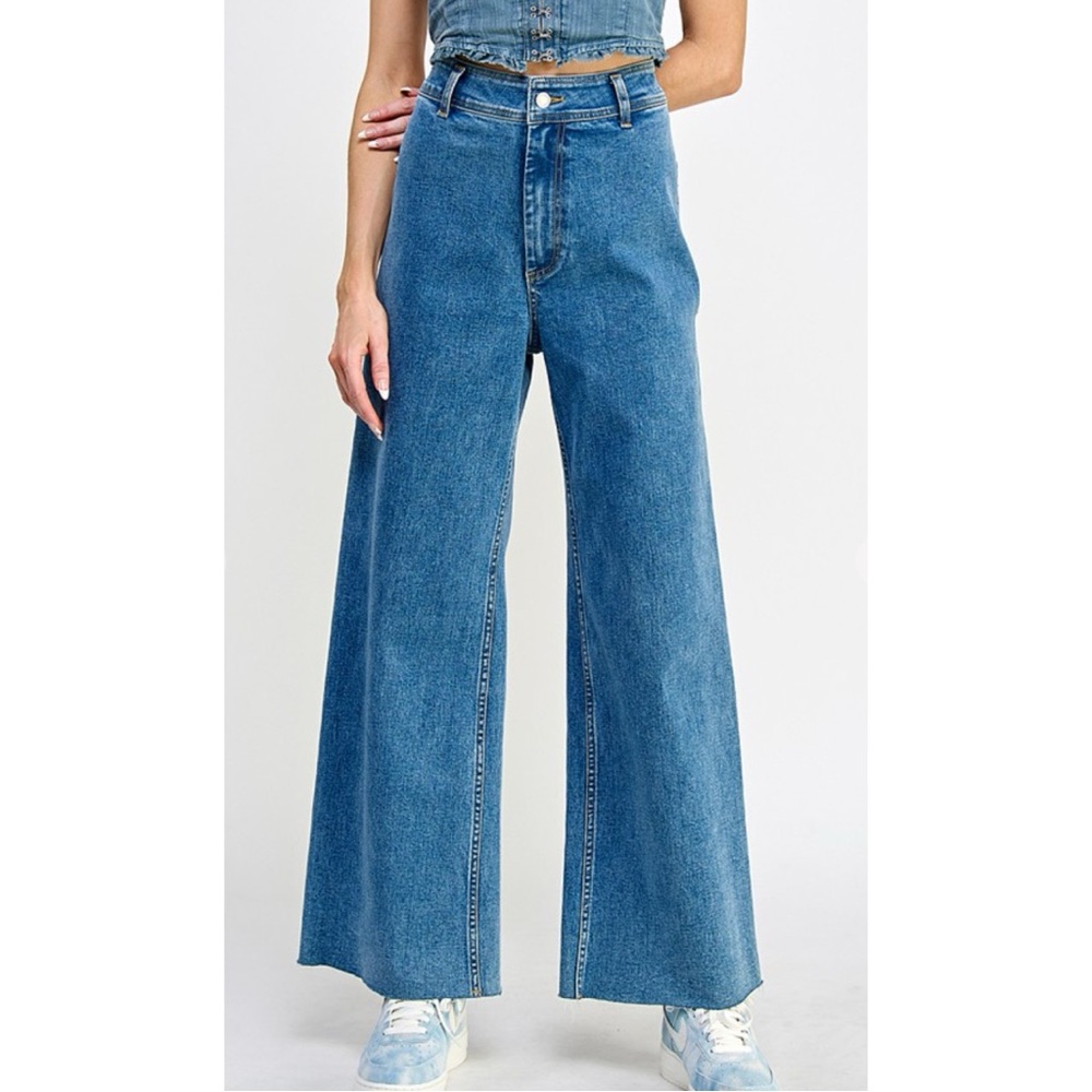 Zara Marine Jeans Wide Leg High Rise Raw Hem Medium Wash Denim Blue Casual 12